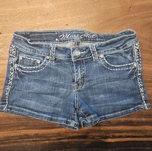Blue Denim Shorts with Embellished Trim